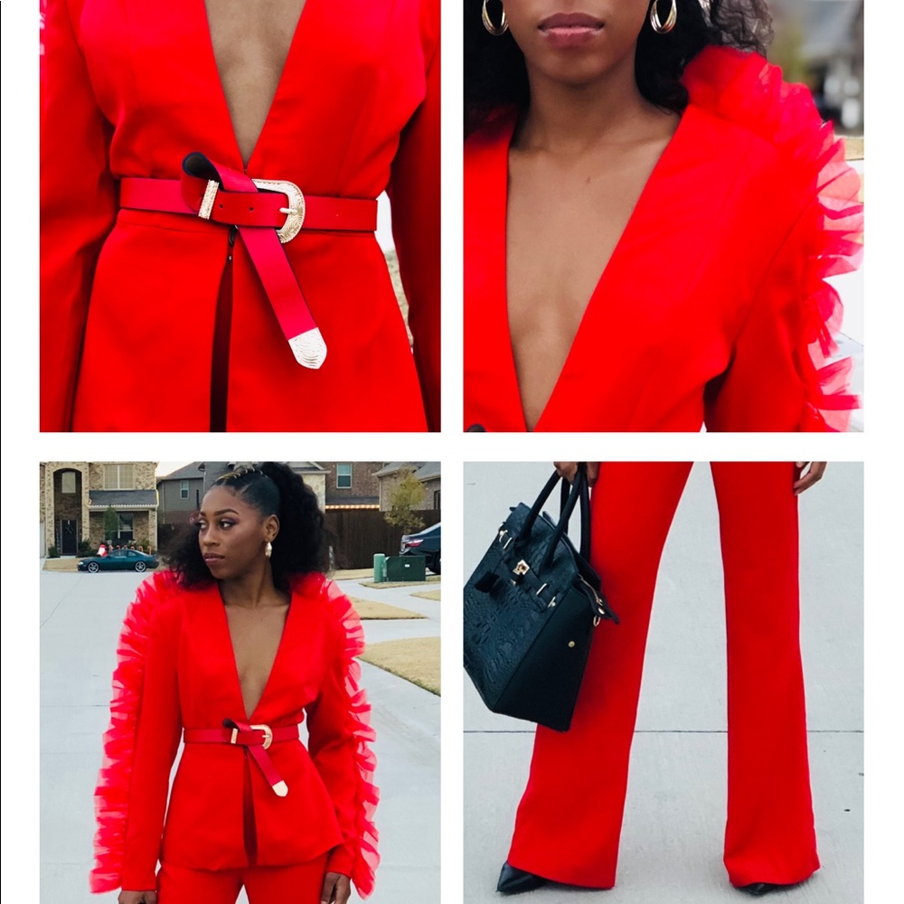 Ruffled Red Belted Pant Suit